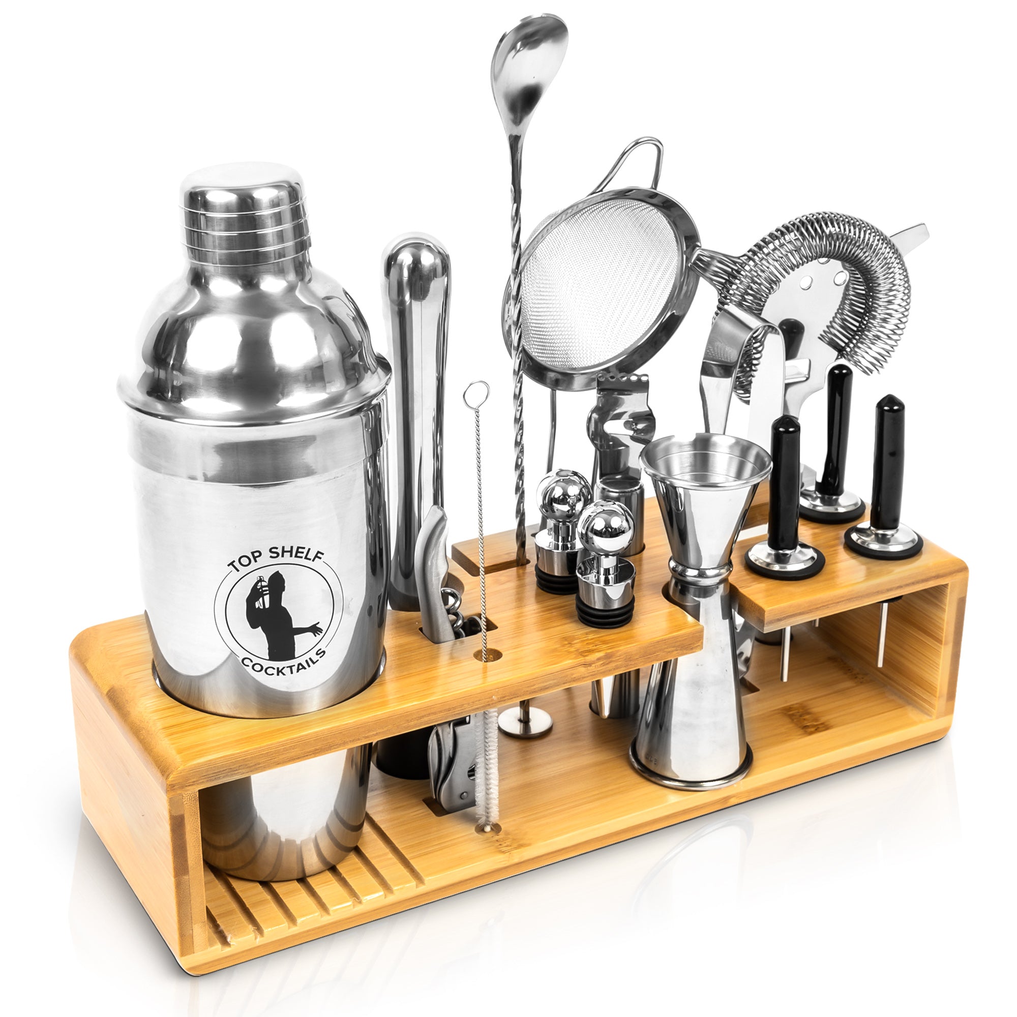 Bar Cocktail Shaker Set With Bamboo Stand Top Shelf Cocktails Store