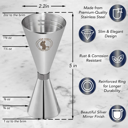 Cocktail Jigger - Double Jigger With Easy to Read Measurements Inside  (Copper)
